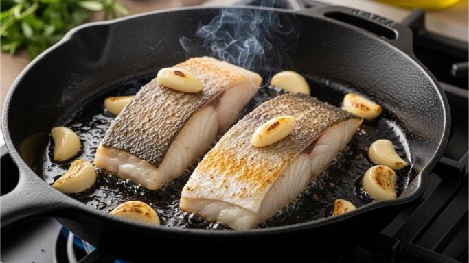 Pan-searing Zander fish fillets in olive oil in a skillet.
