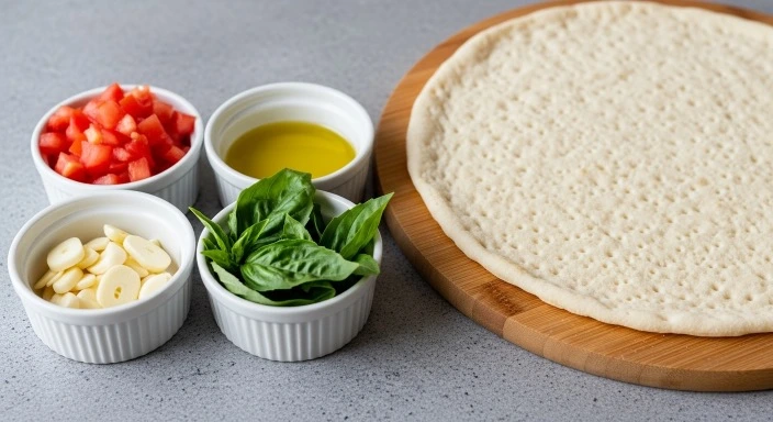 Bruschetta pizza ingredients including tomatoes, garlic, and basil laid out on a kitchen surface.