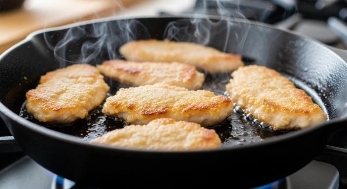 Pan-frying chicken milanese in olive oil
