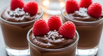 Dairy-free chocolate mousse garnished with sea salt and raspberries.
