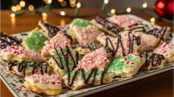  Finished white chocolate Christmas crack candy on a festive platter.
