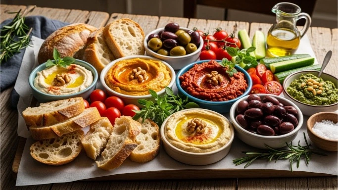 Mediterranean appetizer board for Christmas Eve dinner.
