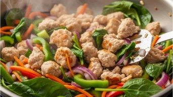 Ground chicken being stirred with vegetables
