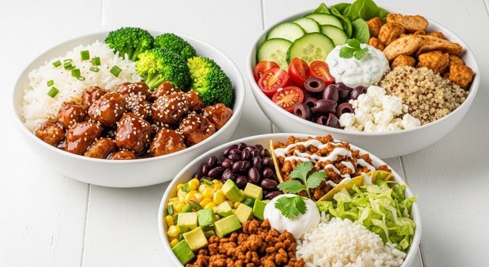 Assorted quick ground chicken dinner bowls served on white table.