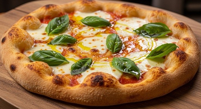 Homemade sourdough pizza with melted cheese and basil on a wooden board.