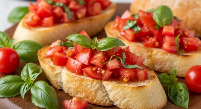 5-ingredient bruschetta with tomato on toasted bread with basil and olive oil.