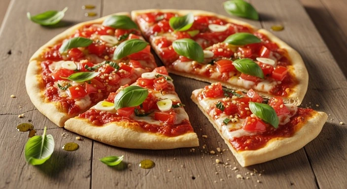 Fresh bruschetta pizza with tomatoes and basil on a thin crust.