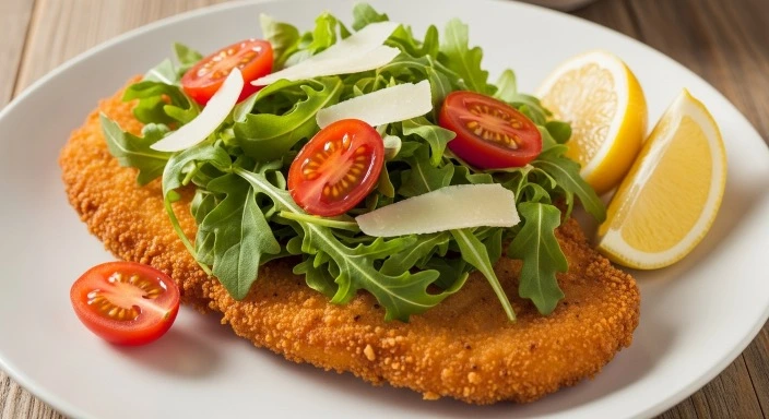 Crispy chicken milanese with arugula and lemon