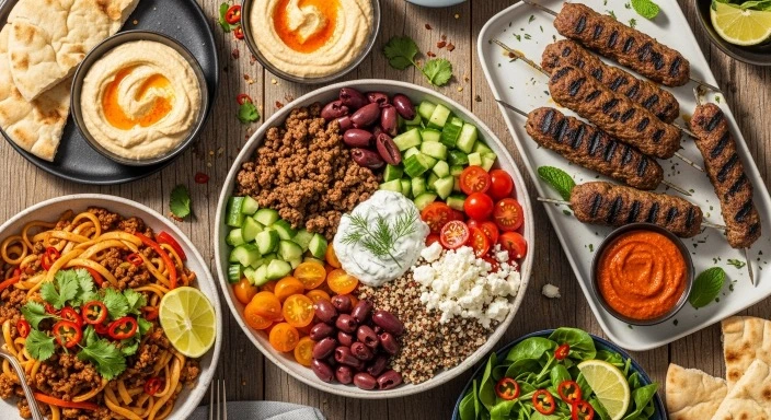 Assorted ground lamb recipes from around the world served on a wooden table.
