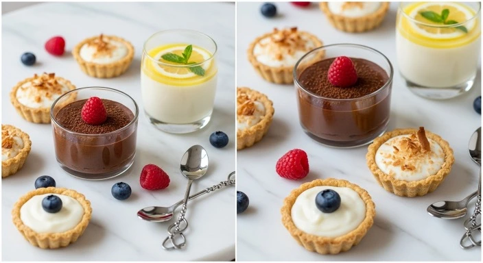 Dairy-free desserts with chocolate, coconut, and fruit garnishes.
