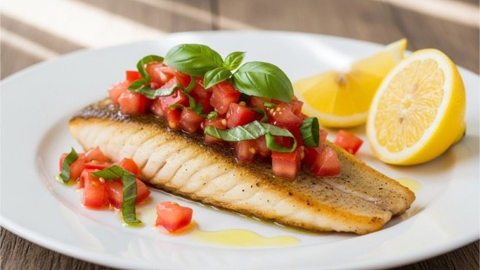 Pan-seared Zander fillet topped with fresh tomato-basil mixture, drizzled with olive oil, and served with lemon wedges on a white plate.
