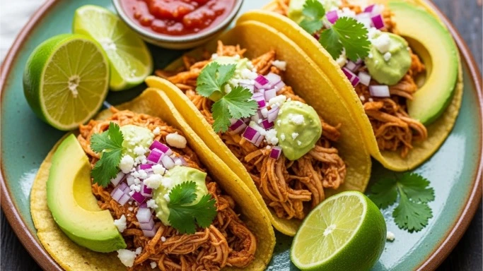 Gluten-free shredded chicken tacos with fresh toppings.
