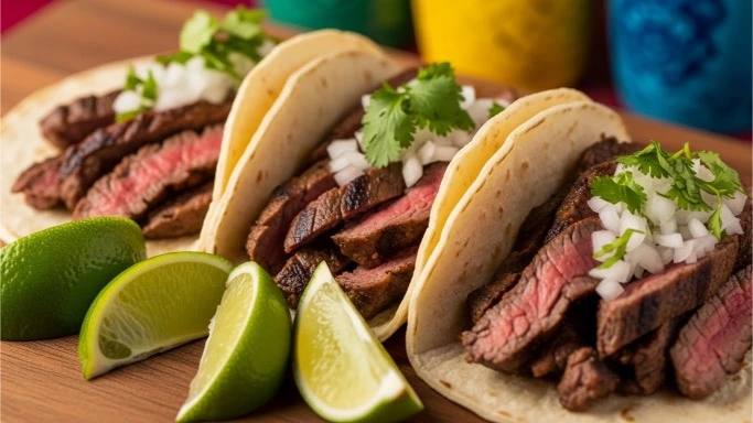 Skirt steak tacos with fresh toppings on a plate.